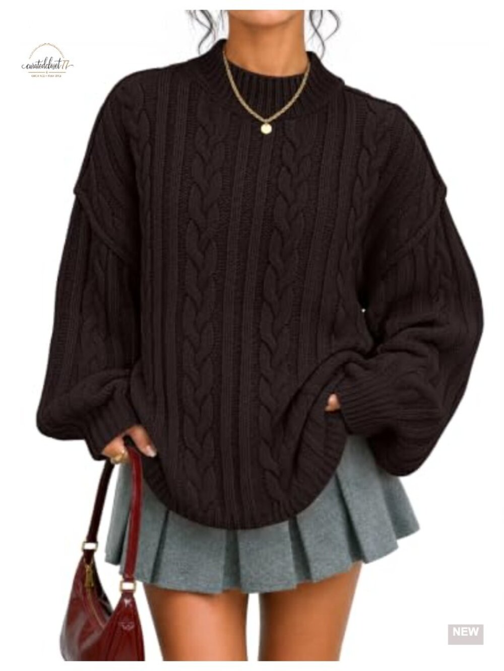 Oversized Cable Knit Mock Neck Pullover Sweater Balloon Sleeve